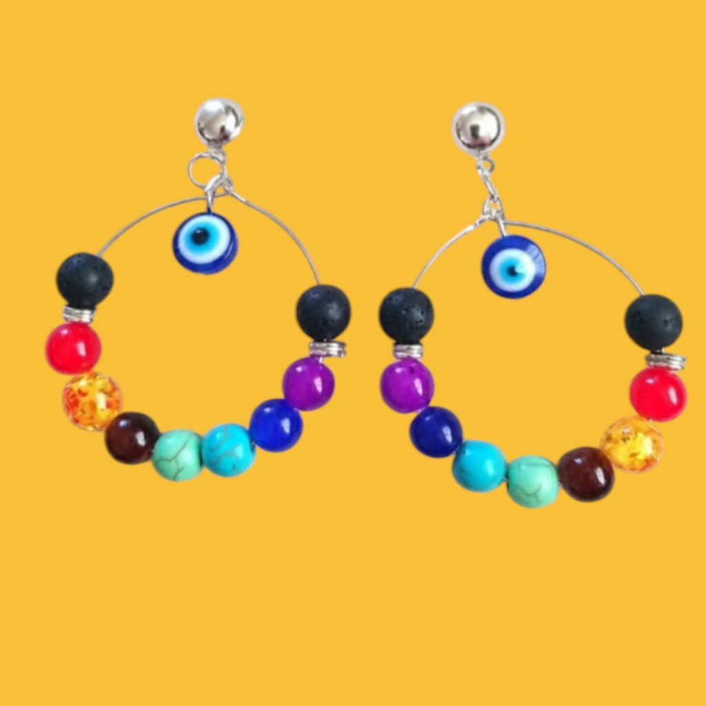 Chakra Evil Eye Beaded Rainbow Hoop Earrings